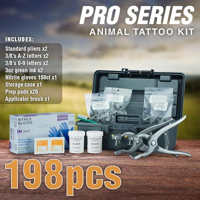 BOCCS Pro Livestock Identification kit with (2) Standard Pliers, (2) 3/8" A-Z digits , (2) 3/8" 0-9 digits, (2) black 3oz jars of ink, Box of 100 Nitrile Gloves, and one toothbrush applicator 