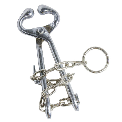 Heavy-duty steel bull lead with attached control chain and ring, designed for secure handling and restraint of bulls and large livestock.