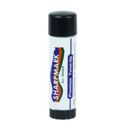 A SHARPMARK Livestock Markers Twist-up stick, predominantly white with colorful branding, used for marking livestock.