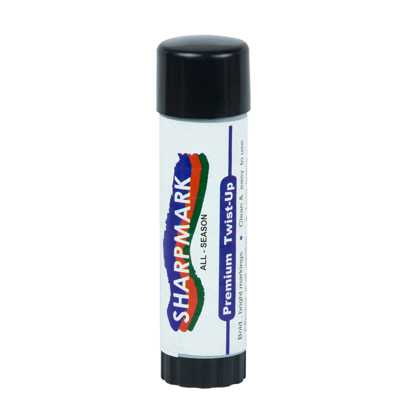 A SHARPMARK Livestock Markers Twist-up stick, predominantly white with colorful branding, used for marking livestock.