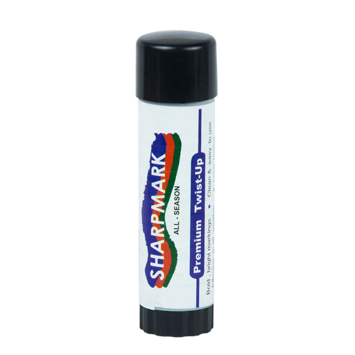 A SHARPMARK Livestock Markers Twist-up stick, predominantly white with colorful branding, used for marking livestock.