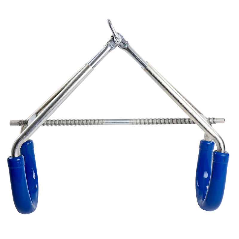 Heavy-duty cow hip lift with galvanized steel frame, adjustable threaded center bar, and blue-coated padded clamps for safely lifting and supporting downed cattle.