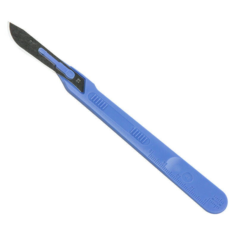 Disposable #22 surgical scalpel with ruler handle for livestock first aid and field surgery kits.