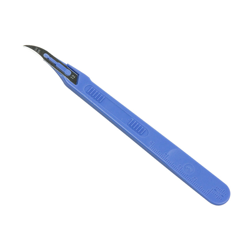 Sharpex No. 12 disposable scalpel with blue ergonomic handle and stainless steel curved blade isolated on white background