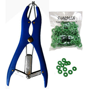 Castration Kit. Lightweight band castration with blue plastic grips, textured for a sure grip. Designed for quick and easy application for castrating calves and lambs, also used for docking tails of lambs. Includes special design latex ring bands.