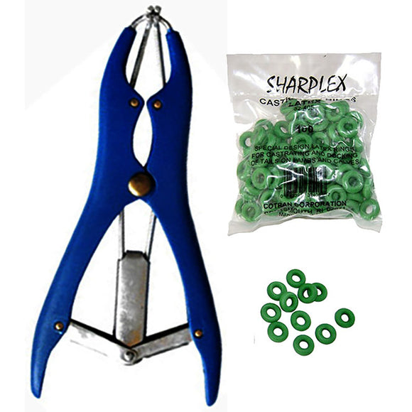 Castration Kit. Lightweight band castration with blue plastic grips, textured for a sure grip. Designed for quick and easy application for castrating calves and lambs, also used for docking tails of lambs. Includes special design latex ring bands.