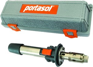 A portable gas-powered dehorning tool with a gray body and orange straps, labeled 'Portasol'.